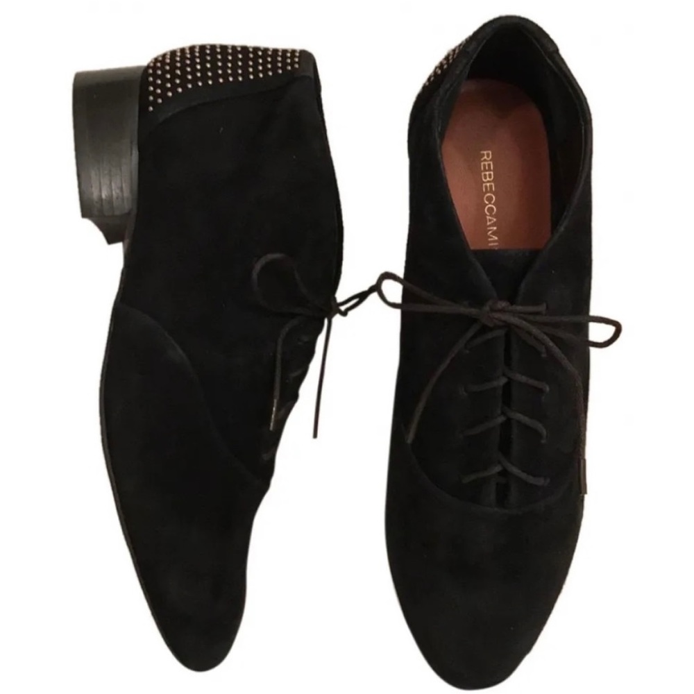 Rebecca Minkoff Black Suede Lace-Up Ankle Booties with Studded Heel Accent